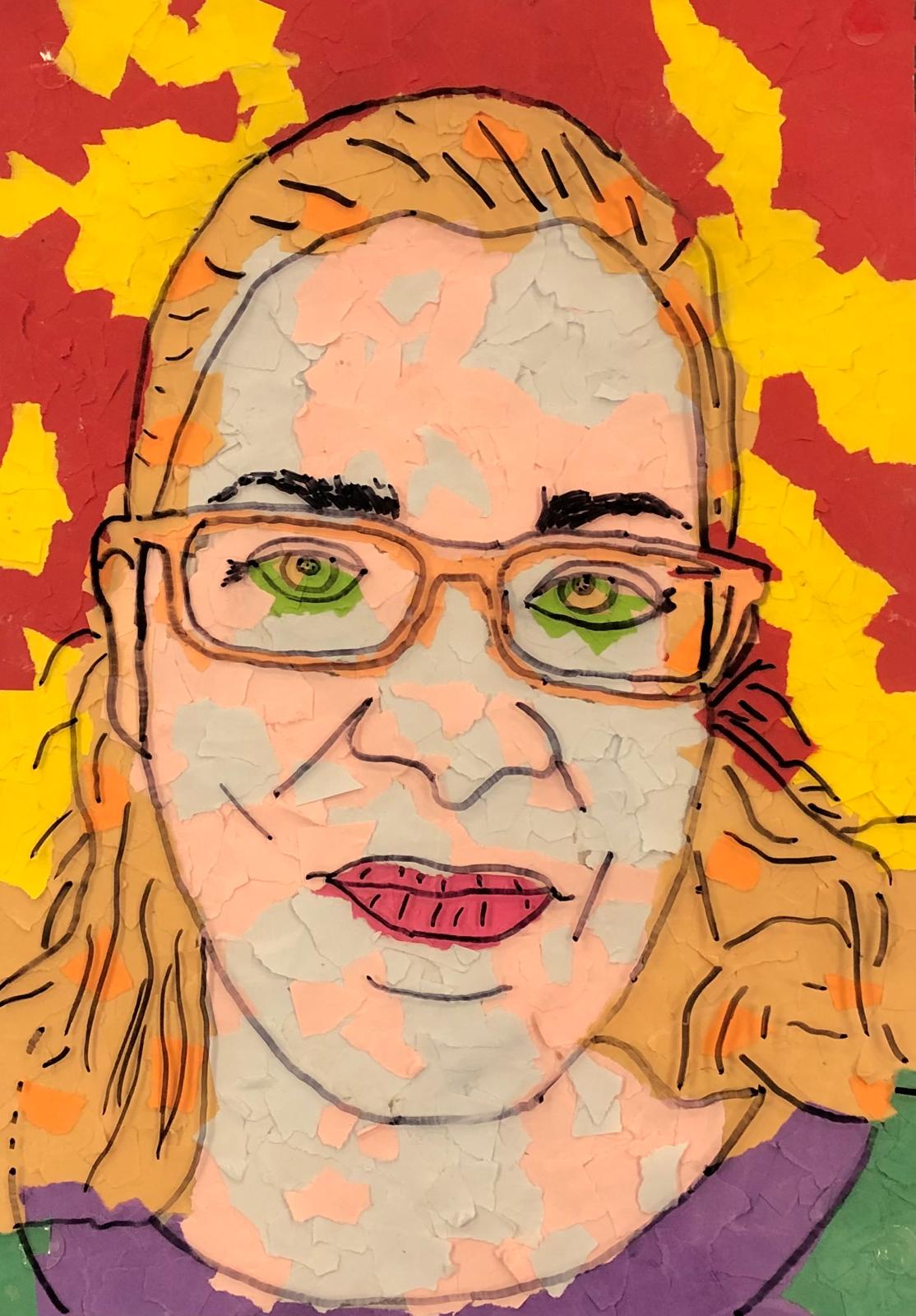 Zu sehen ist ein buntes Portrait der Lehrkraft, Frau Neureuter. Das Gesicht und der Hintergrund sind aus farbigen Papierschnipseln zusammengesetzt - Collagentechnik. Darüber liegt eine durchsichtige Folie mit gezeichneten schwarzen Linien, die die Gesichtskonturen betonen.