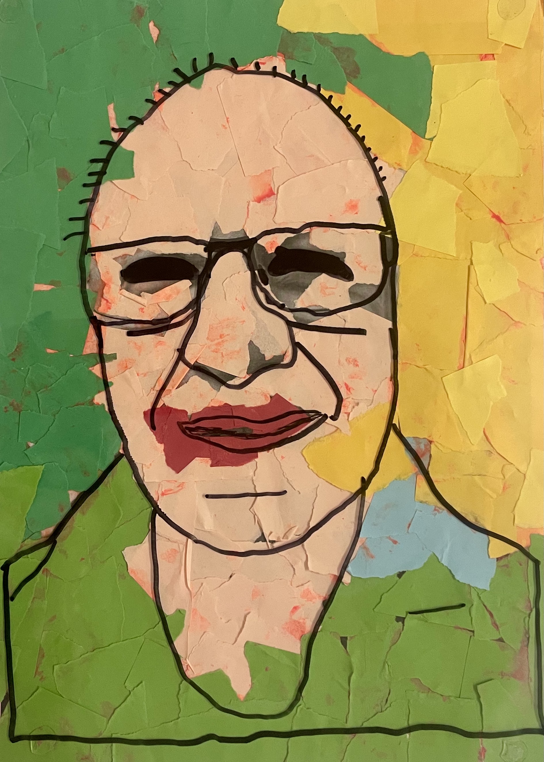 Zu sehen ist ein buntes Portrait des Hausmeisters, Herr Hörr. Das Gesicht und der Hintergrund sind aus farbigen Papierschnipseln zusammengesetzt - Collagentechnik. Darüber liegt eine durchsichtige Folie mit gezeichneten schwarzen Linien, die die Gesichtskonturen betonen.