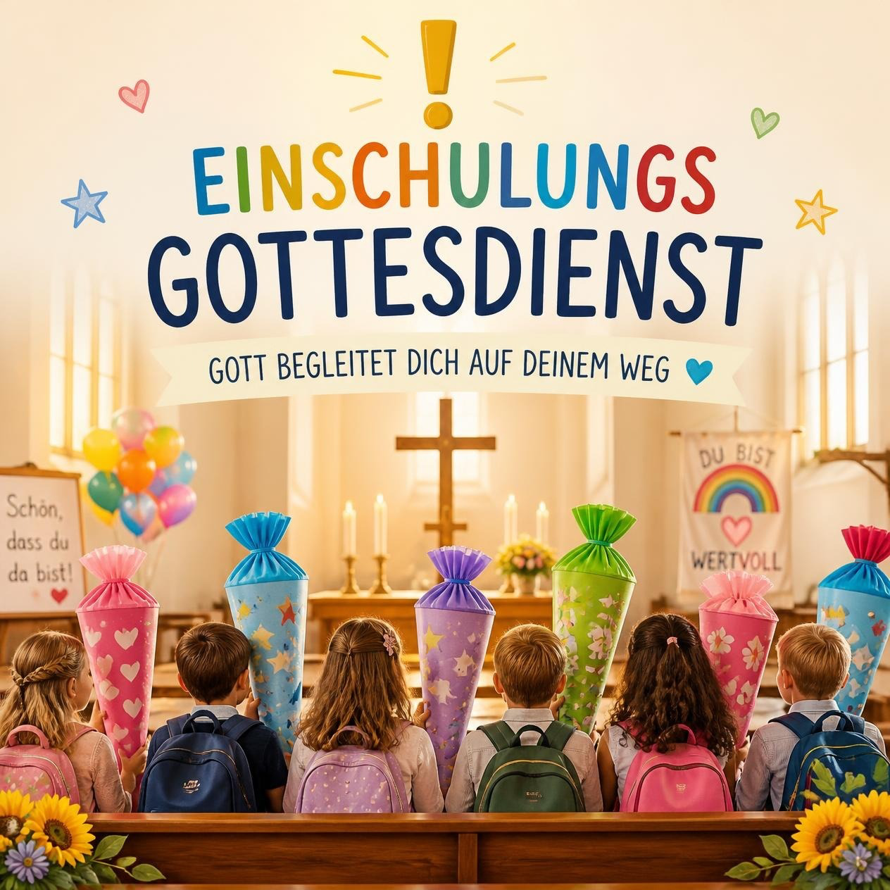 Zu sehen ist ein KI generiertes Bild das eine Zeichnung eines Einschulungsgottesdienstes darstellt. Im Vordergrund sind Kinder mit Schultüten von Hinten abgebildet. Im Hintergrund sieht man einen geschmückten Kirchenraum. . 