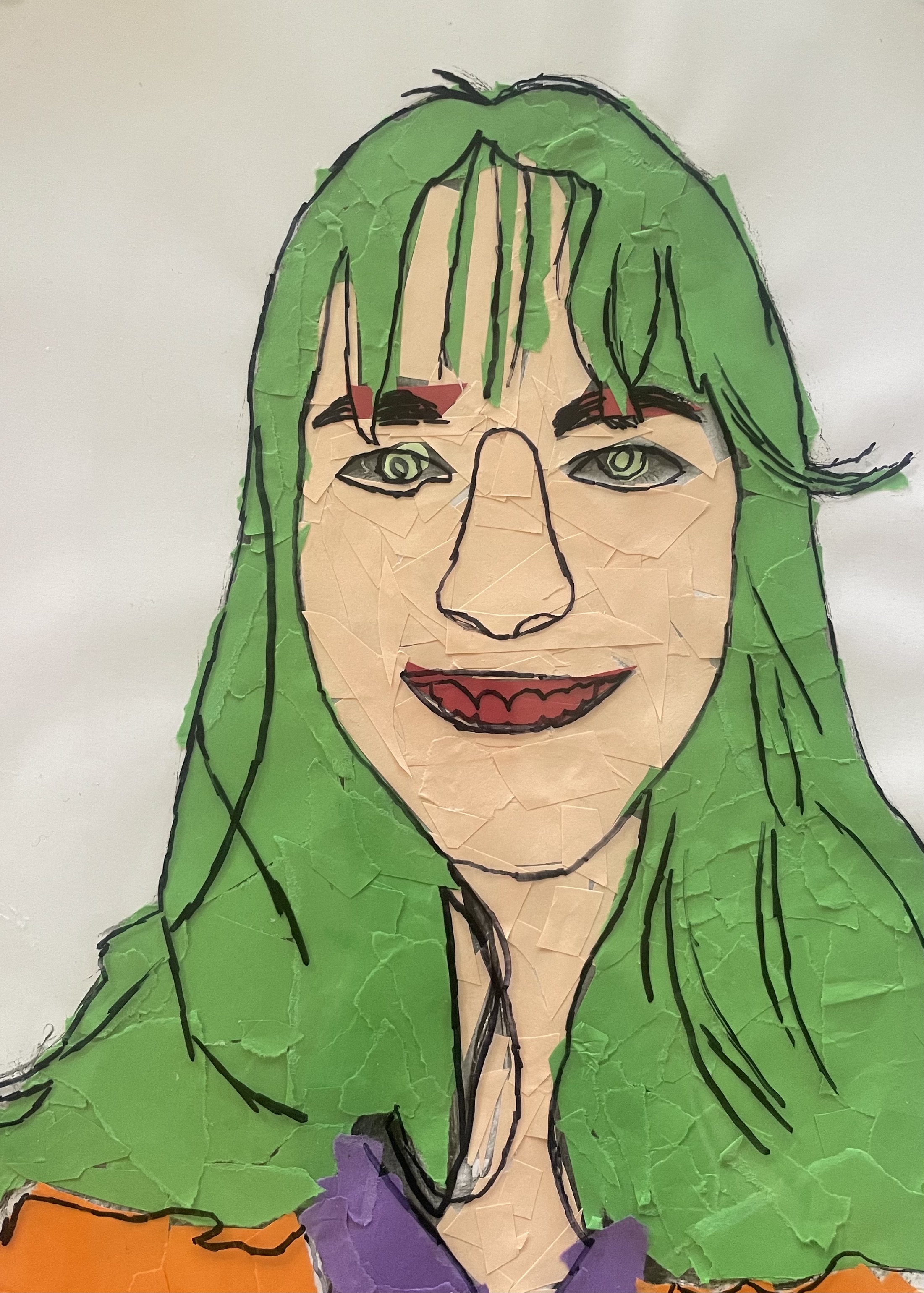 Zu sehen ist ein buntes Portrait der Schulsozialarbeiterin, Frau Nieland. Das Gesicht und der Hintergrund sind aus farbigen Papierschnipseln zusammengesetzt - Collagentechnik. Darüber liegt eine durchsichtige Folie mit gezeichneten schwarzen Linien, die die Gesichtskonturen betonen.