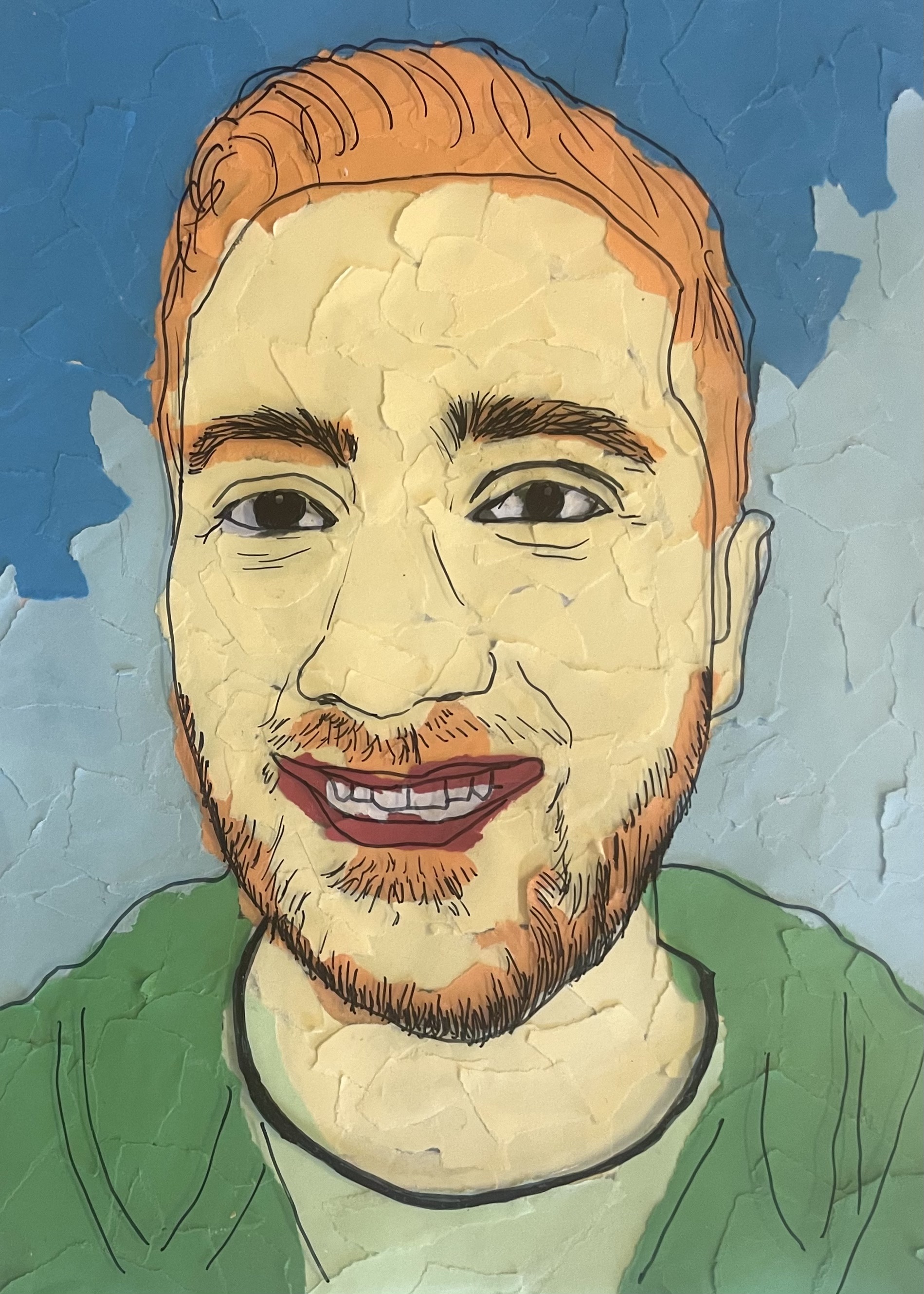 Zu sehen ist ein buntes Portrait der Lehrkraft, Herr Ambiel. Das Gesicht und der Hintergrund sind aus farbigen Papierschnipseln zusammengesetzt - Collagentechnik. Darüber liegt eine durchsichtige Folie mit gezeichneten schwarzen Linien, die die Gesichtskonturen betonen.