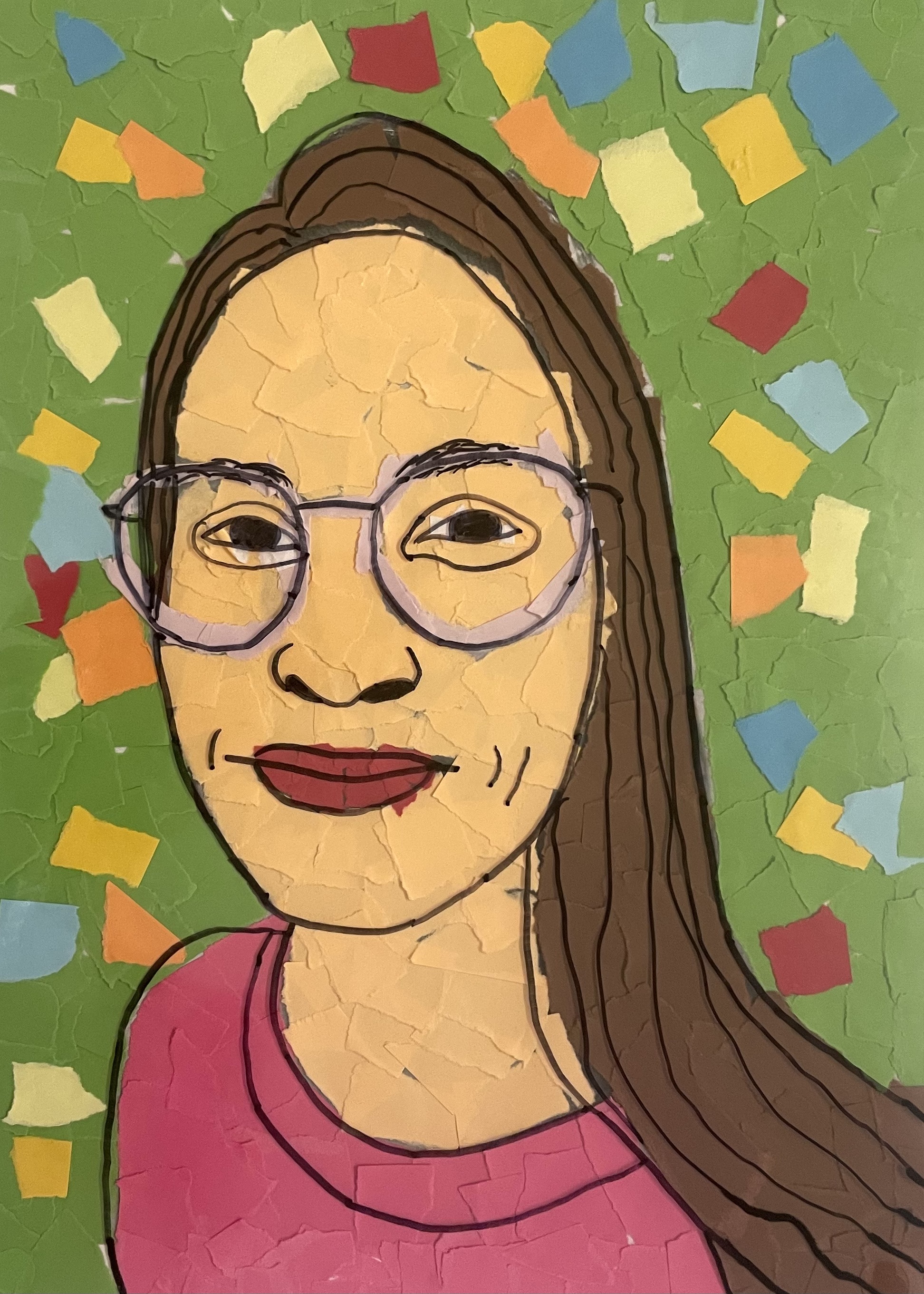 Zu sehen ist ein buntes Portrait der Lehrkraft, Frau Mattern. Das Gesicht und der Hintergrund sind aus farbigen Papierschnipseln zusammengesetzt - Collagentechnik. Darüber liegt eine durchsichtige Folie mit gezeichneten schwarzen Linien, die die Gesichtskonturen betonen.