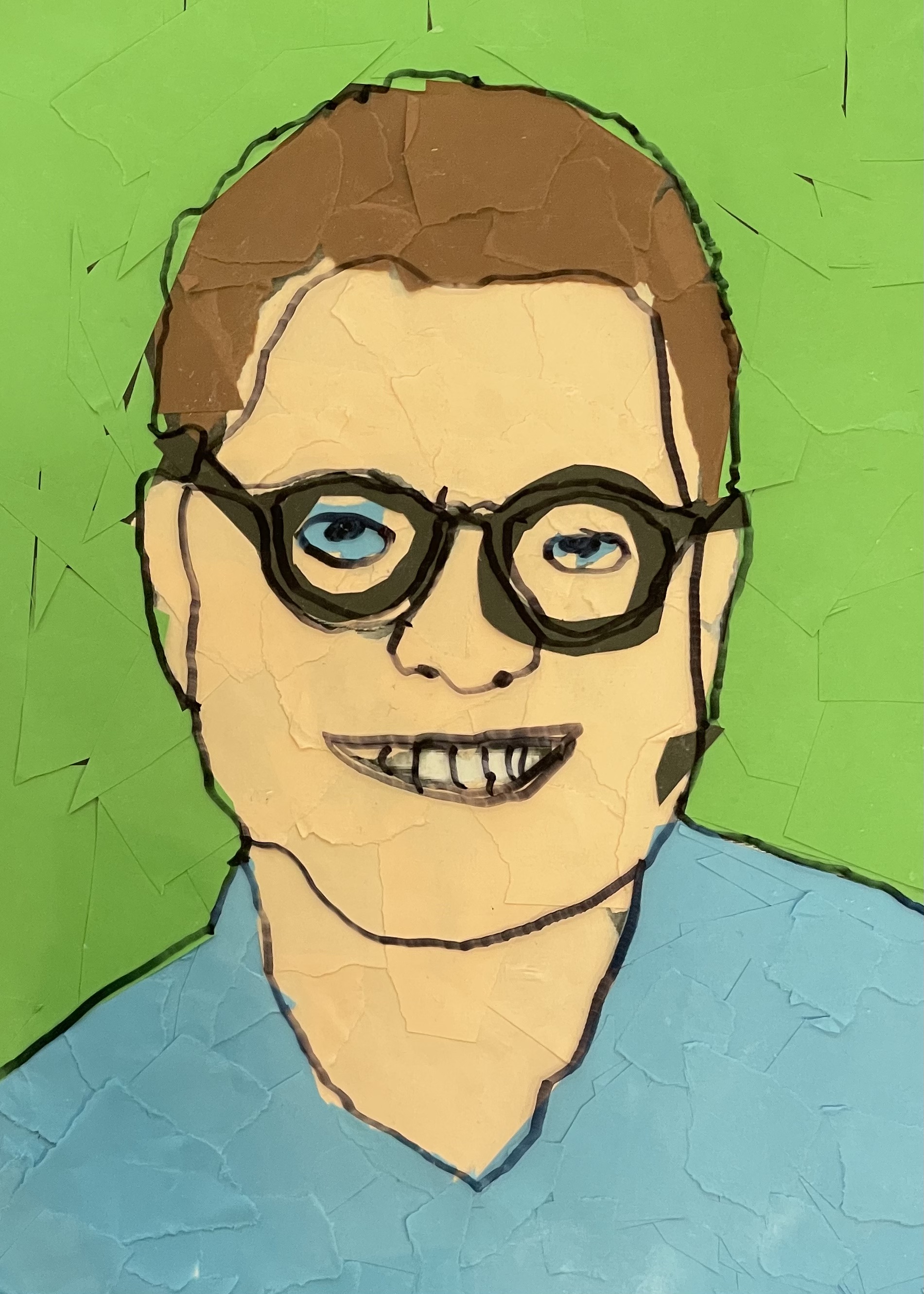 Zu sehen ist ein buntes Portrait des Pfarrers, Herr Albert . Das Gesicht und der Hintergrund sind aus farbigen Papierschnipseln zusammengesetzt - Collagentechnik. Darüber liegt eine durchsichtige Folie mit gezeichneten schwarzen Linien, die die Gesichtskonturen betonen.