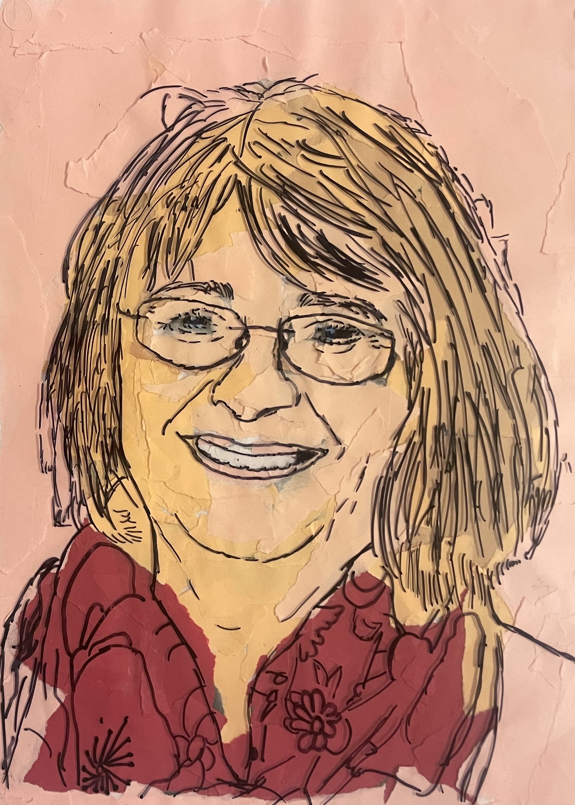 Zu sehen ist ein buntes Portrait der Lehrkraft, Frau Busse-Göhrig. Das Gesicht und der Hintergrund sind aus farbigen Papierschnipseln zusammengesetzt - Collagentechnik. Darüber liegt eine durchsichtige Folie mit gezeichneten schwarzen Linien, die die Gesichtskonturen betonen.